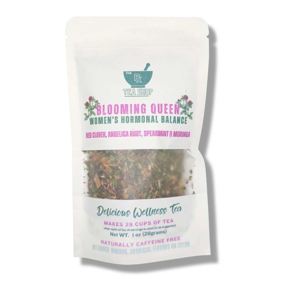 Tea package labeled 'Blooming Queen Women's Hormonal Balance' from The RX Tea Shop on a white background