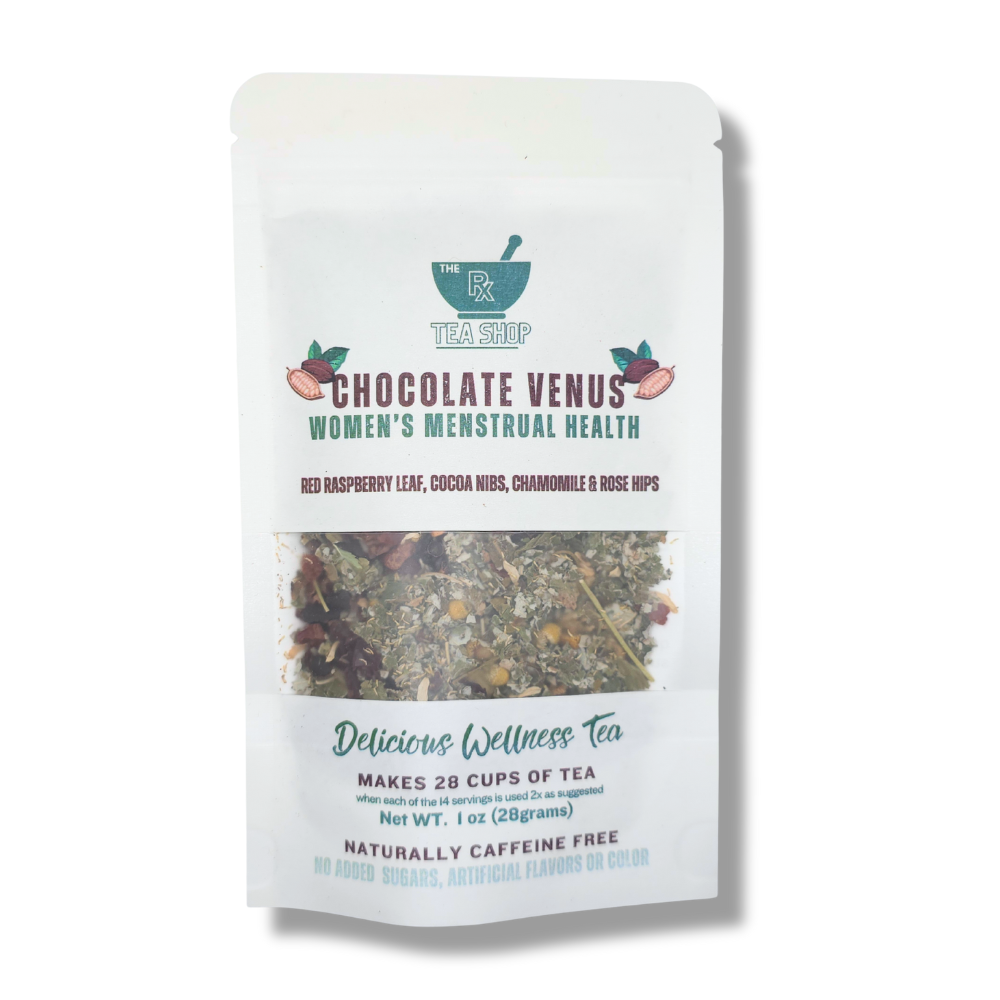 Tea package for 'Chocolate Venus' women's menstrual health tea on a white background