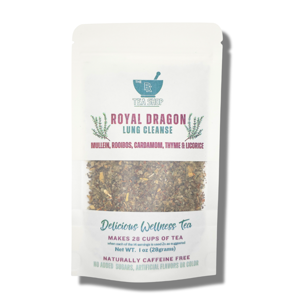Tea package labeled 'Royal Dragon Lung Cleanse' from The RX Tea Shop on a white background