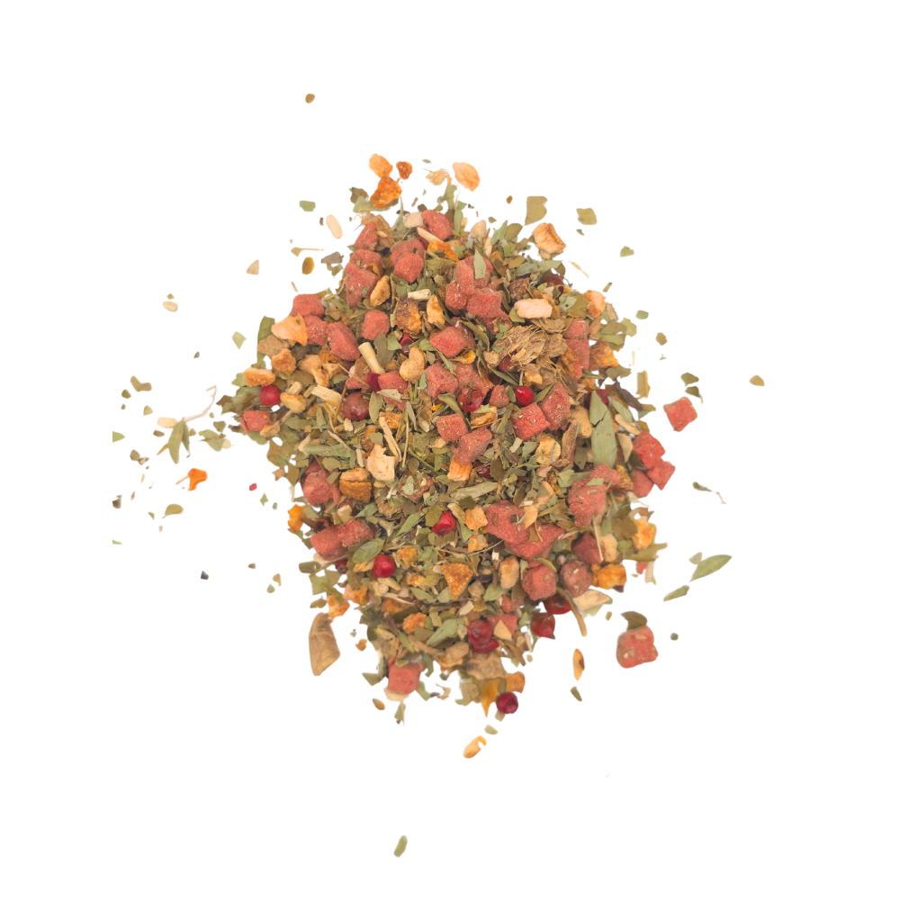 Strawberry and yerba mate blend on a white background