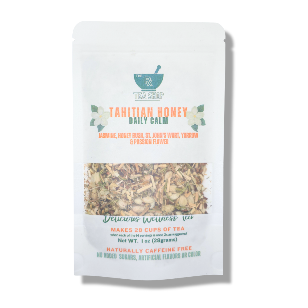 Front of Tea package with 'Tahitian Honey Daily Calm' label on a white background