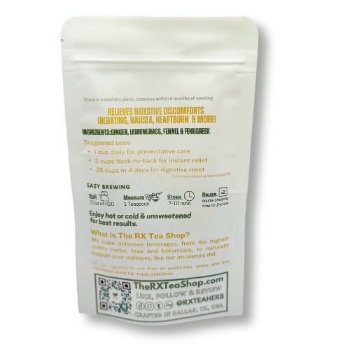 Image of the back of a bag of Temple Gold tea on a white background 