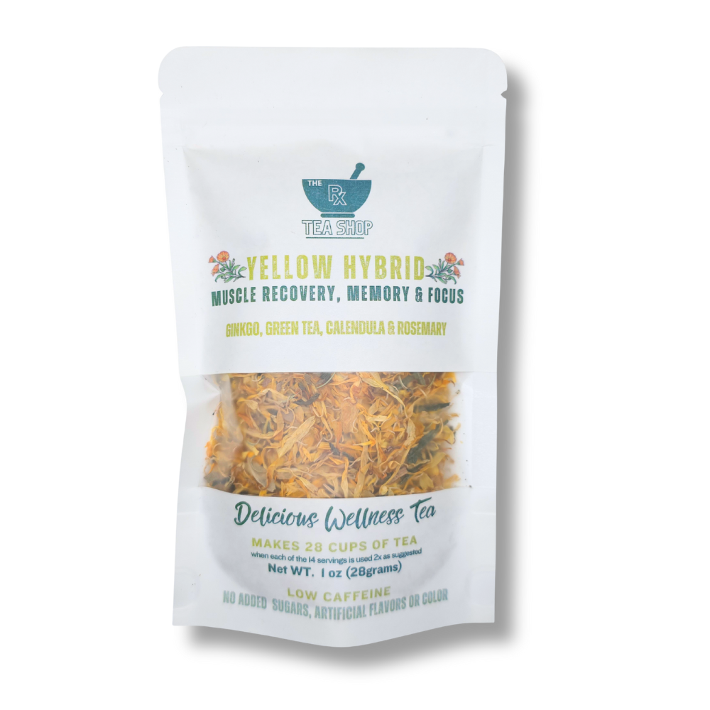 Tea package labeled 'Yellow Hybrid' from The Tea Shop on a white background