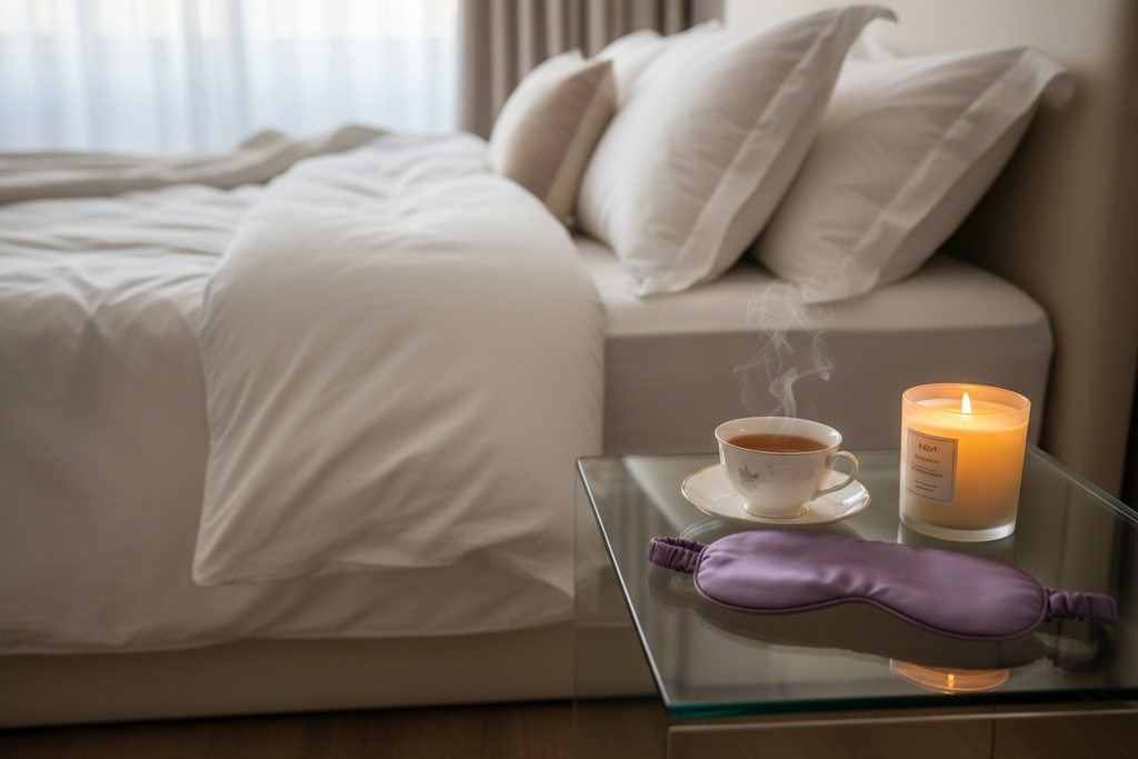 a glass nightstand with a cup of tea, a lit candle (in a jar) and a purple eye mask, next to a luxurious bed of fluffy white bedding